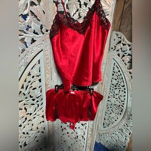 Elegant Red Lace Trim Sleepwear Set